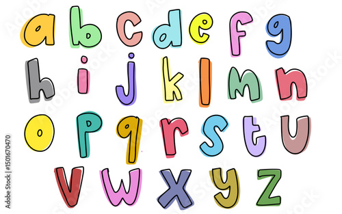Cute set colorful hand drawn lowercase alphabet ABC letters font outline color tracing trace doodle kids illustration wall art transparent clipart poster nursery vector