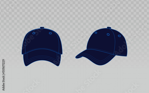 Two dark blue blank baseball caps in front and side views, ideal for sports, branding, and casual wear designs. Editable vector.