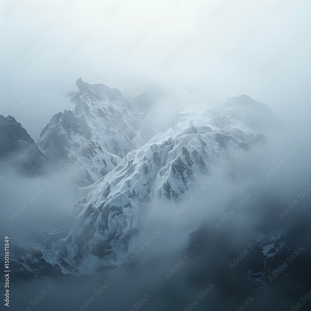 Obraz premium The image captures a dramatic mountain landscape shrouded in mist and fog, evoking a sense of mystery and grandeur.