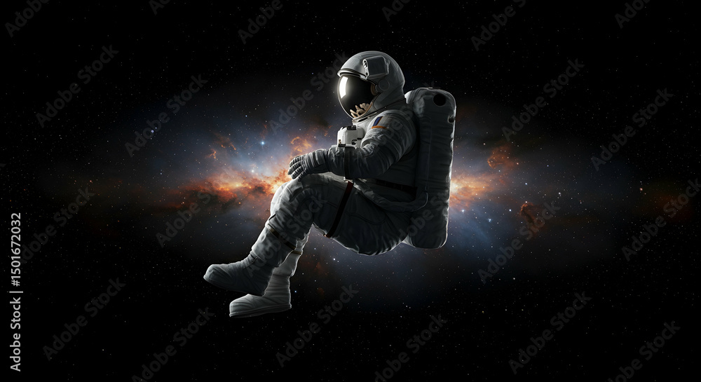 Fototapeta premium Astronaut Floating in Space Against a Cosmic Background