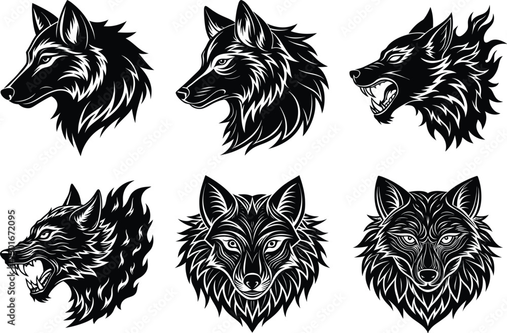 Obraz premium Six Stylized Wolf Head Illustrations Black and White Vector Art