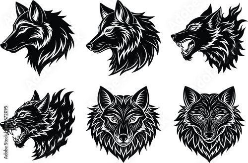 Six Stylized Wolf Head Illustrations Black and White Vector Art