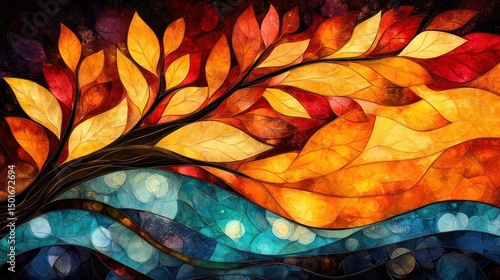 Autumnal Branch with Red and Orange Leaves over Teal Water Background