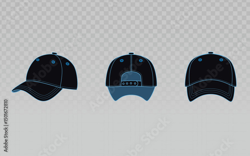 Customizable baseball cap design showing front, back, and angled views. Perfect for apparel mockups, sports themes, and casual fashion.