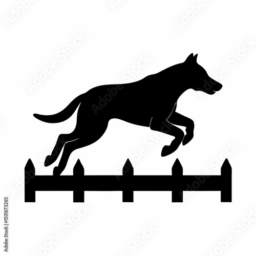 Silhouette of dog leaping over fence
