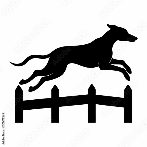 Silhouette of dog leaping over fence