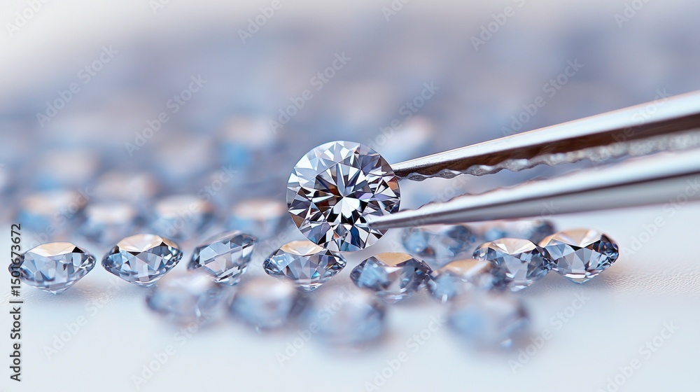 Shiny, clear gems held by tweezers, with many scattered around Shiny, clear gems held by tweezers, with many scattered around