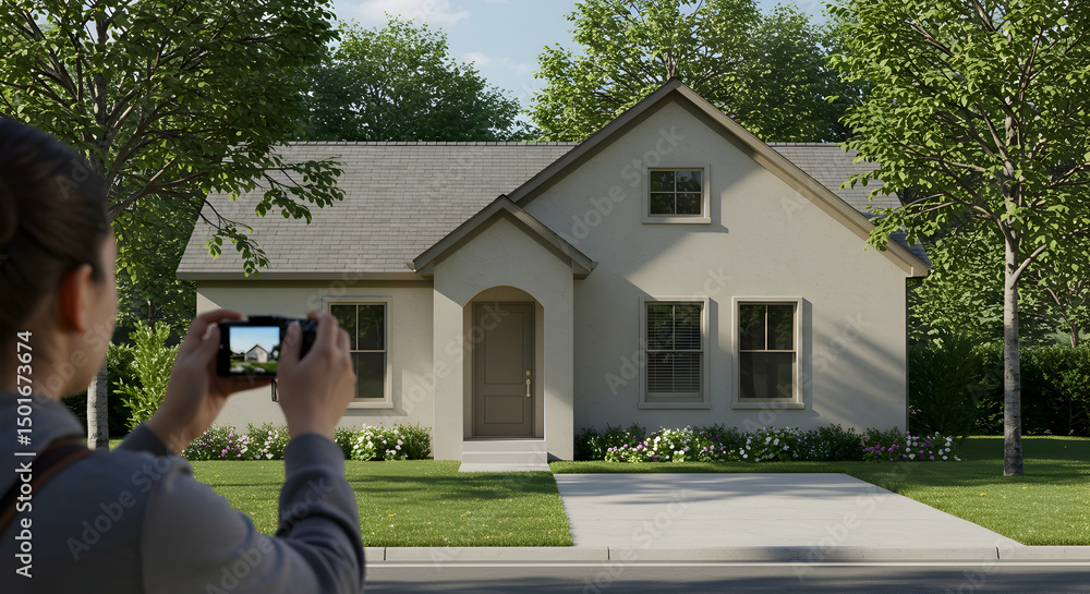 Person Taking Photo of Modern House with Green Lawn and Trees Person Taking Photo of Modern House with Green Lawn and Trees