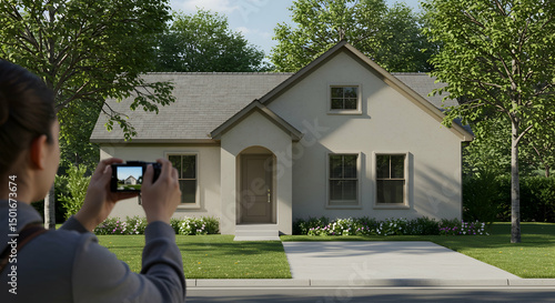 Person Taking Photo of Modern House with Green Lawn and Trees