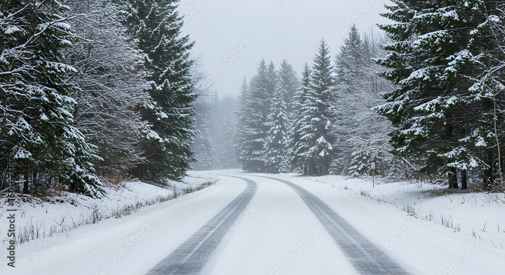 Obraz premium Snow-Covered Road Through Evergreen Trees in Winter Season