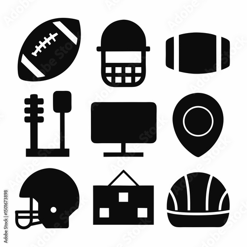 American football game icons equipment and venue