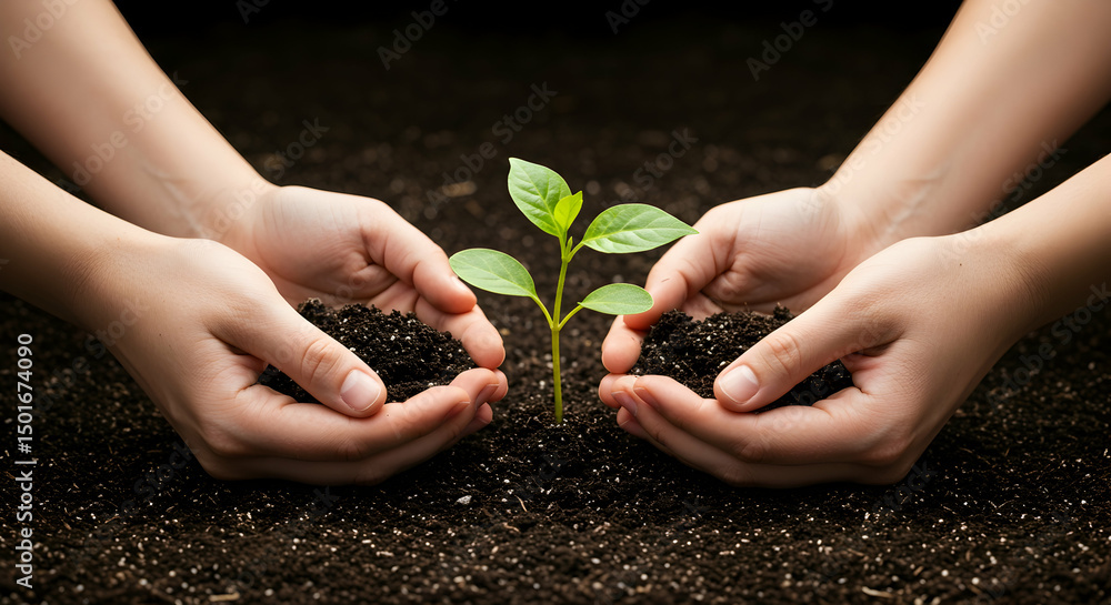 Fototapeta premium Hands Nurturing Soil and Green Plant Growth in Dark Background