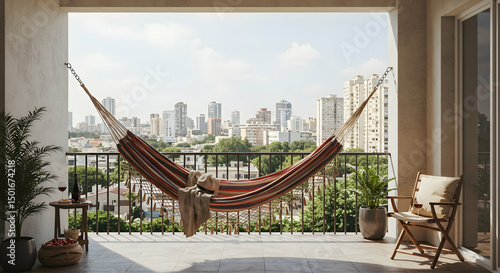 Cozy Hammock on Balcony Overlooking City Skyline with Modern Charm