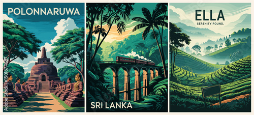 Set of Sri Lanka travel destination posters in retro style. Colorful tropical landscape vector illustrations