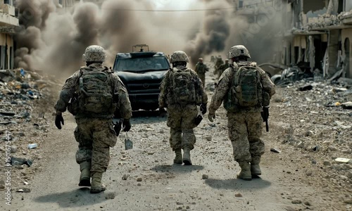 Soldiers walking through war torn city street