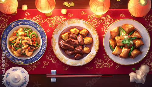 Wallpaper Mural Three plates of Chinese dishes on a table: Chinese Braised Beef Brisket, Kung Pao Chicken, and Egg Rolls. Each dish is beautifully presented with vibrant colors and authentic textures Torontodigital.ca