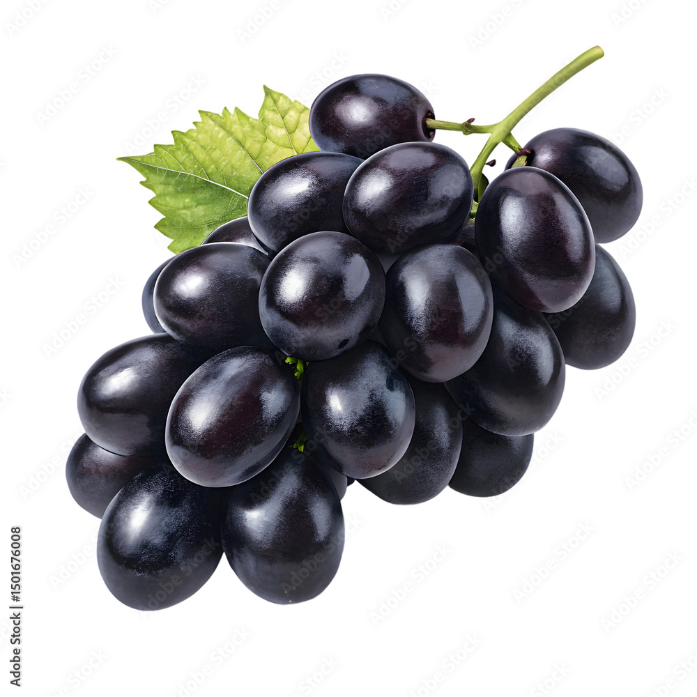 Fototapeta premium Bunch of ripe black and red grapes isolated on white background with leaves and vine