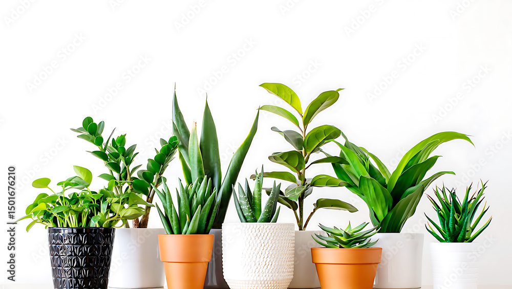 Fototapeta premium Botanical Arrangement: An array of vibrant potted plants, each flourishing in a unique ceramic pot, thrives in an organized display, adding a touch of nature's grace to interior spaces. 