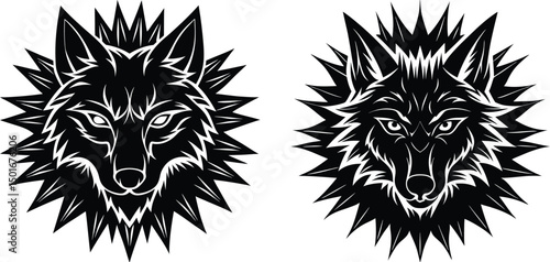 Two Striking Wolf Head Illustrations Black and White Vector Art