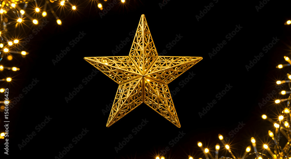 Obraz premium Golden Star Decoration with Bokeh Lights on a Black Background