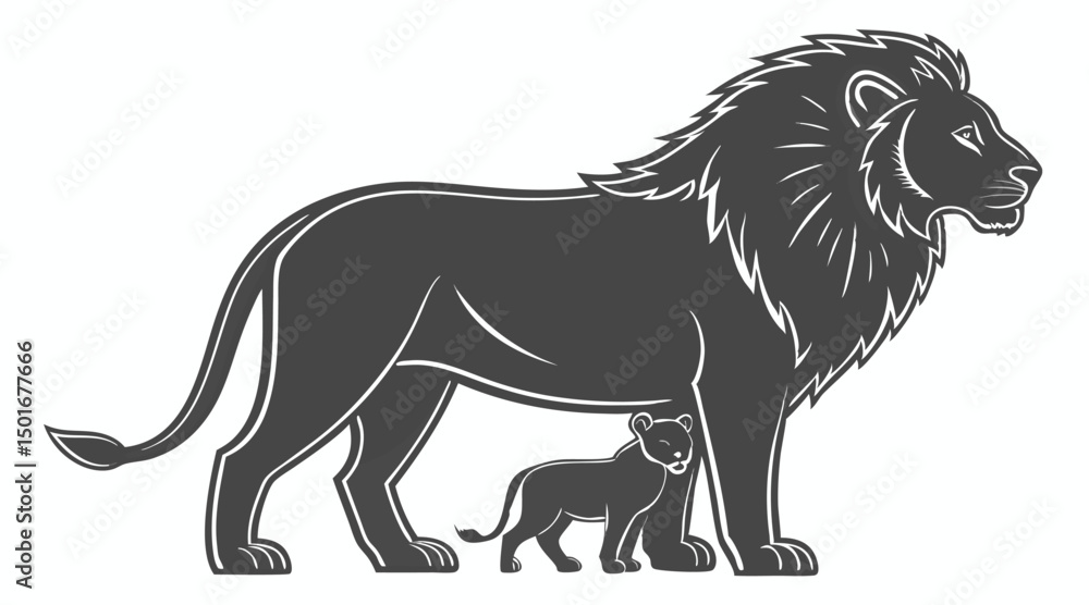 Fototapeta premium Silhouette of Male Lion and Cub in Side Profile – Vector Wildlife Illustration