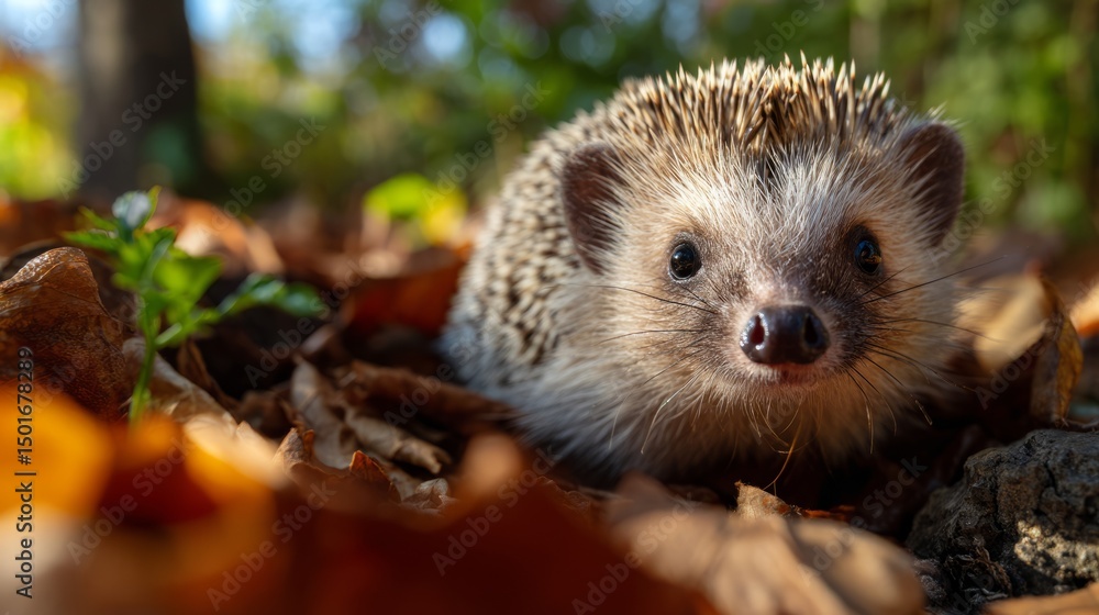 Adorable hedgehog in autumn leaves, close-up in natural habitat Adorable hedgehog in autumn leaves, close-up in natural habitat