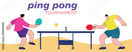 Ping pong poster, tournament banner, flat illustration two people playing table tennis. Tennis table, active lifestyle, hobby, competition