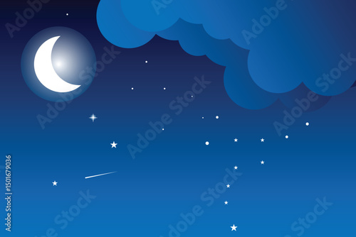 Wallpaper Mural night sky background . Blue Abstract background. Space landscape with silhouette mountains and crescent moon. Crescent moon and clouds dreamy scene.  Magic midnight illustration. Torontodigital.ca