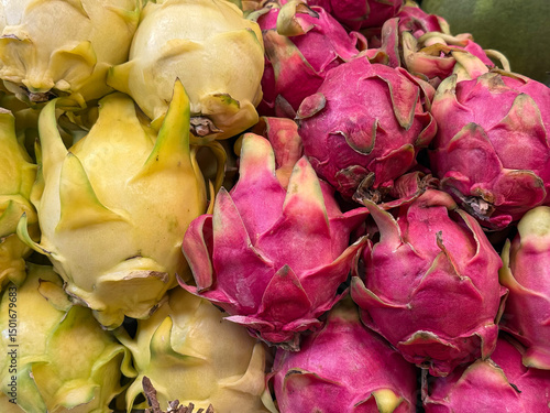 Colorful variety of fresh dragon fruit at a market photo