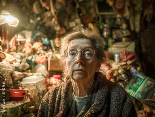 Compulsive woman hoarder sat in their home