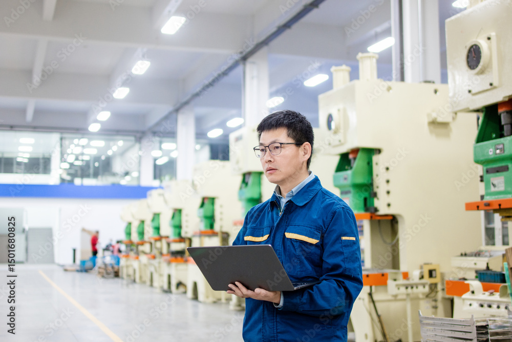 Asian engineers using laptop in factory Asian engineers using laptop in factory