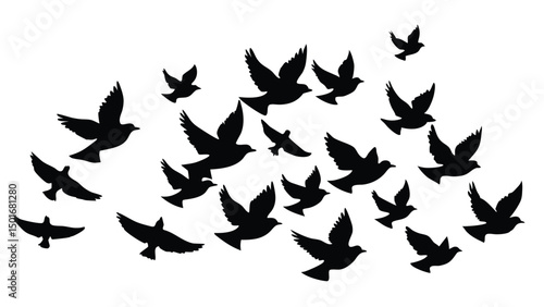 A flock of birds at sunset. Vector abstract silhouette of flying birds Pattern of sunrise and geese or ducks