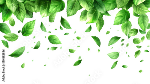 Flying green leaves top view isolated on white background