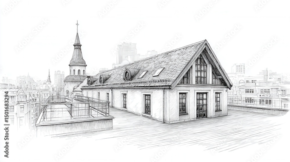 Fototapeta premium Architectural sketch of a rooftop building, city view