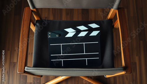 a film clapper, showcasing its slate and sticks, on a wooden-framed canvas chair