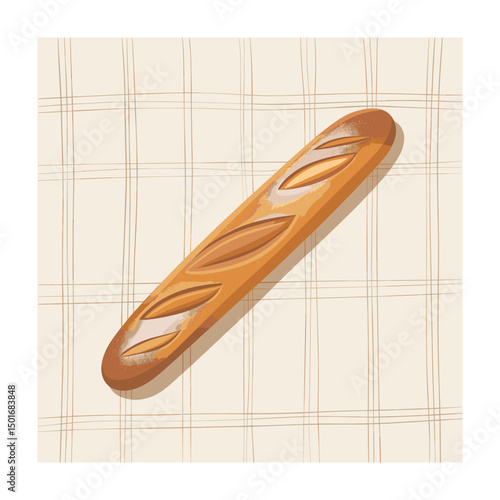 Single crusty baguette on beige plaid background