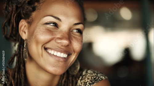 Smiling woman from different country, portrait with warm light and soft background, expressing joy and cultural diversity
