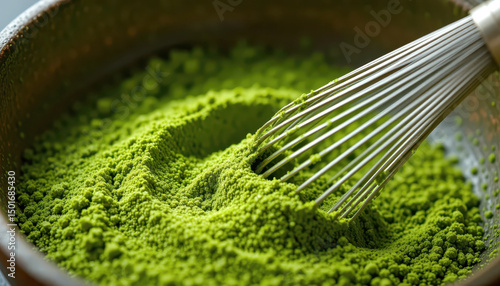 close-up of vibrant green matcha powder in a brown ceramic bowl with a metal whisk