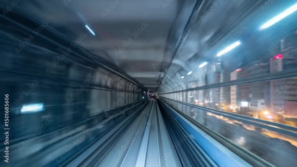 Fast Moving Train Through Urban Tunnel At Night Fast Moving Train Through Urban Tunnel At Night
