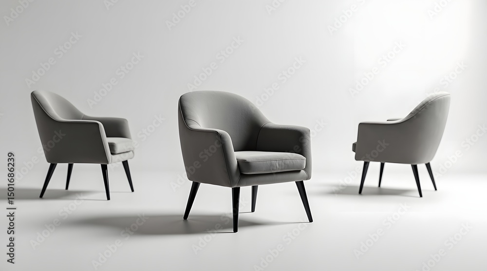 Fototapeta premium Three stylish gray armchairs with sleek legs in a minimalist setting, exuding modern elegance and comfort.