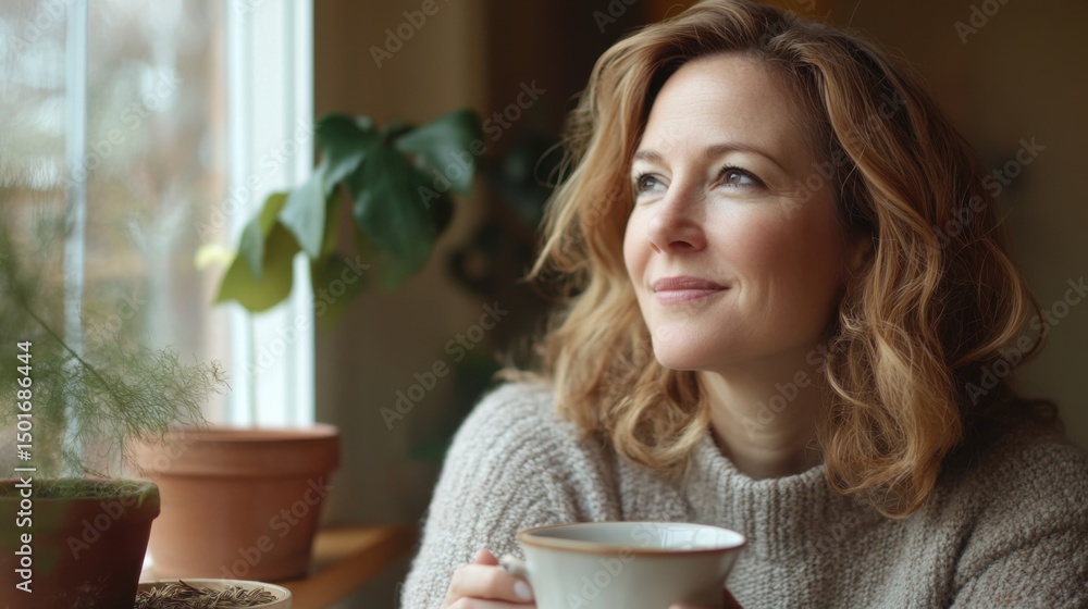 Middle-aged woman with a warm smile, enjoying a moment of relaxation holding a cup of tea Middle-aged woman with a warm smile, enjoying a moment of relaxation holding a cup of tea