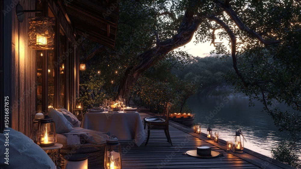 Obraz premium 146. Wooden cabin deck with ambient lanterns and table setting