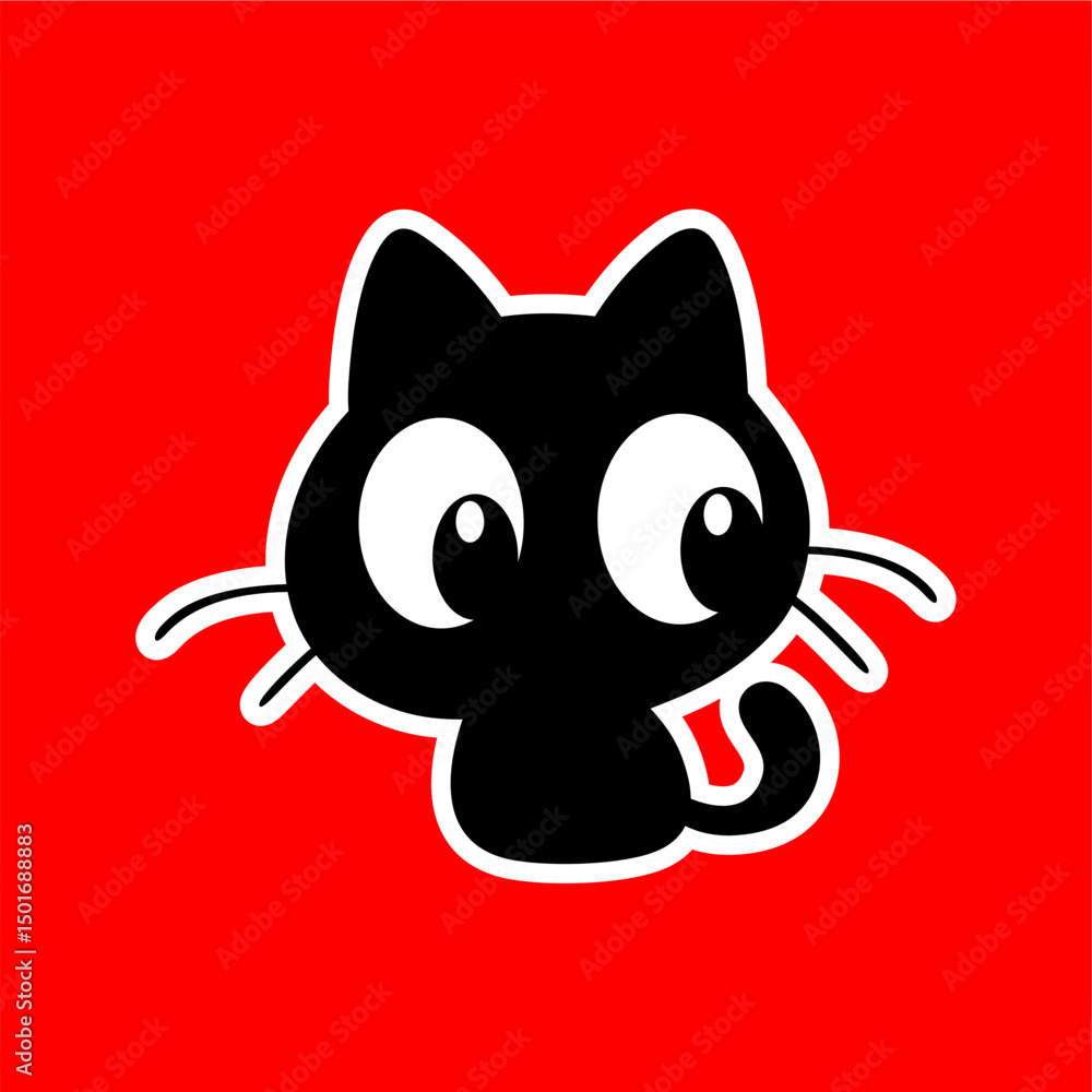 Fototapeta premium Big-Eyed Cartoon Black Cat on Red Background 