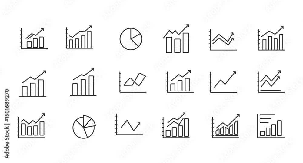 Obraz premium A set of vector icons related to graphs and charts. Set of graph and statistics icons. Collection of simple linear web icons, line charts, candlestick, combined, bar charts, pie charts.