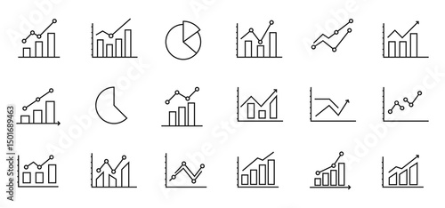 A set of vector icons related to graphs and charts. Set of graph and statistics icons. Collection of simple linear web icons, line charts, candlestick, combined, bar charts, pie charts.