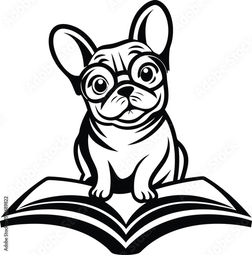 French Bulldog wearing glasses and sitting on an open book silhouette vector art, Bulldog with book line art vector illustration, French Bulldog wearing glasses and sitting on an open book vector icon