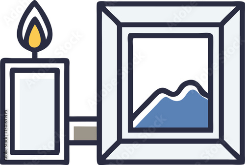 A minimalist illustration of a mountain landscape in a digital frame next to a lit candle, viewed from the front