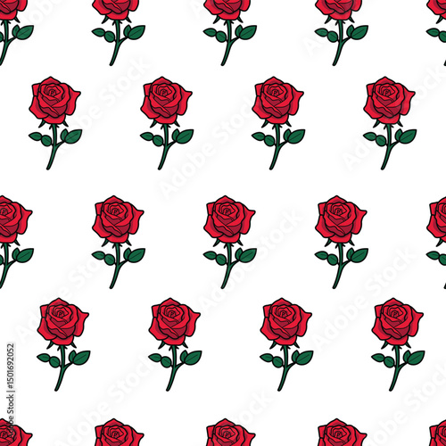 A beautiful and repeating pattern of red roses with green stems and leaves on a white background. This design is perfect for backgrounds, textiles, wrapping paper, or any project needing a touch of ro