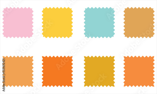 Set of eight colorful fabric swatches with zigzag edges on white background, featuring pastel and warm tones including pink, yellow, aqua, orange, and brown shades.