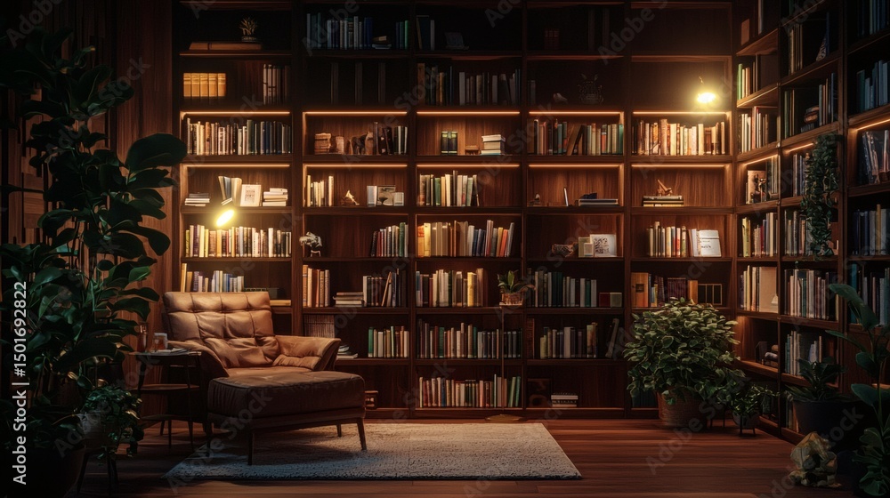 90. Library corner with ambient lights and wooden shelves 90. Library corner with ambient lights and wooden shelves